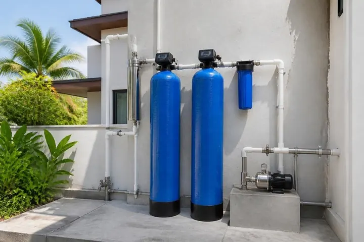 Centralized filtration tanks and pump installed outside a home