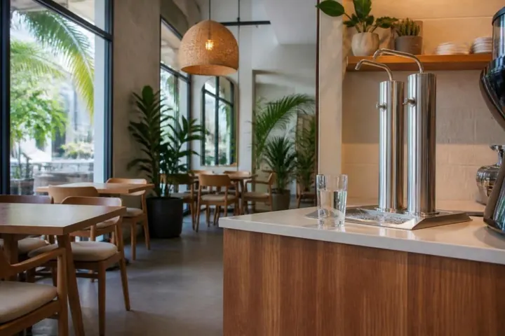 Café counter with two stainless water dispenser taps