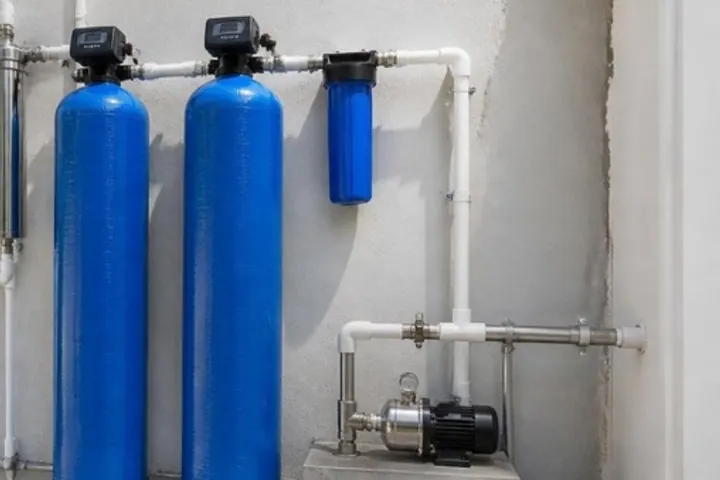 Two blue filter tanks with valve heads beside a house wall
