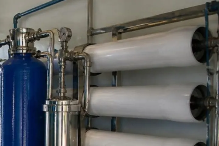 Rack of white RO membrane pressure vessels