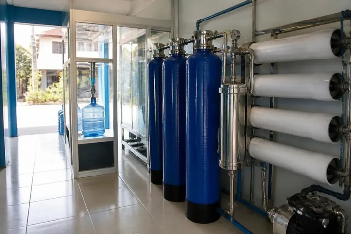 Blue FRP filter tanks and RO membrane housings inside a water refilling station