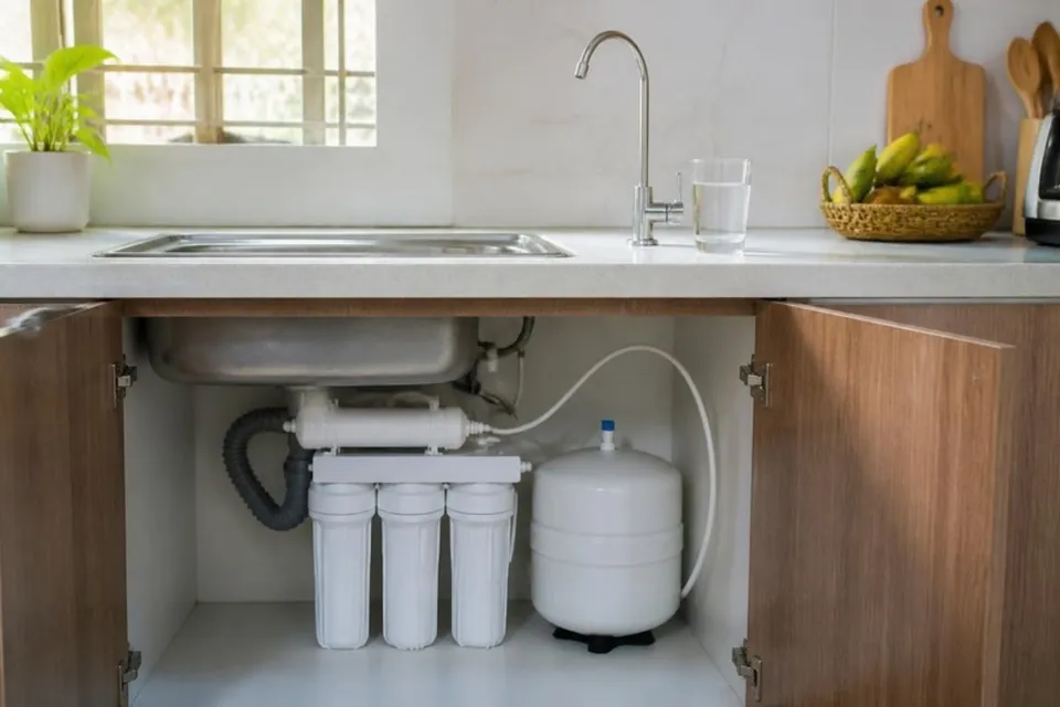 Under-sink reverse osmosis unit in a home kitchen